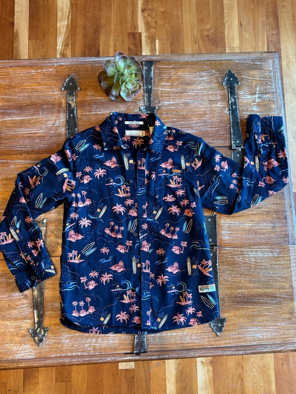 Scotch & Soda Navy Button-Up Shirt with Pink Tropical Print